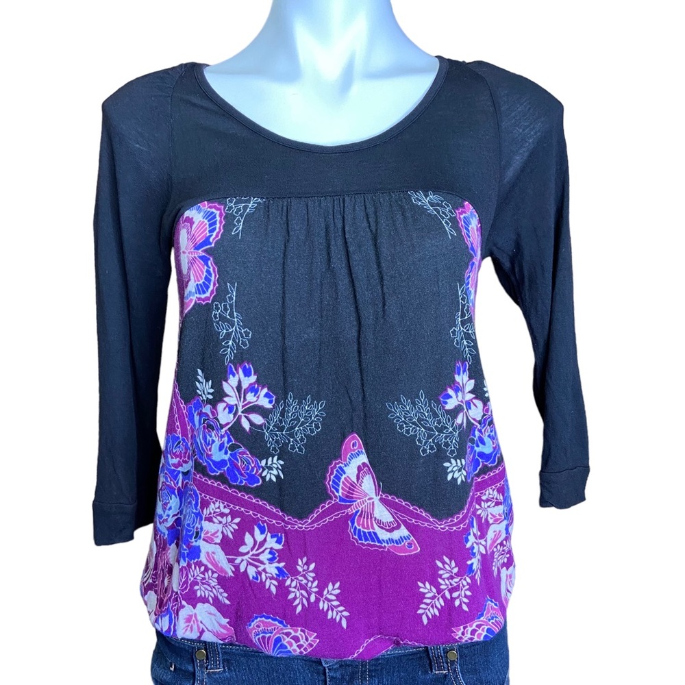 FREE PEOPLE Y2K Vintage Top Button Back Butterfly Floral Print 3/4 Sleeve Large